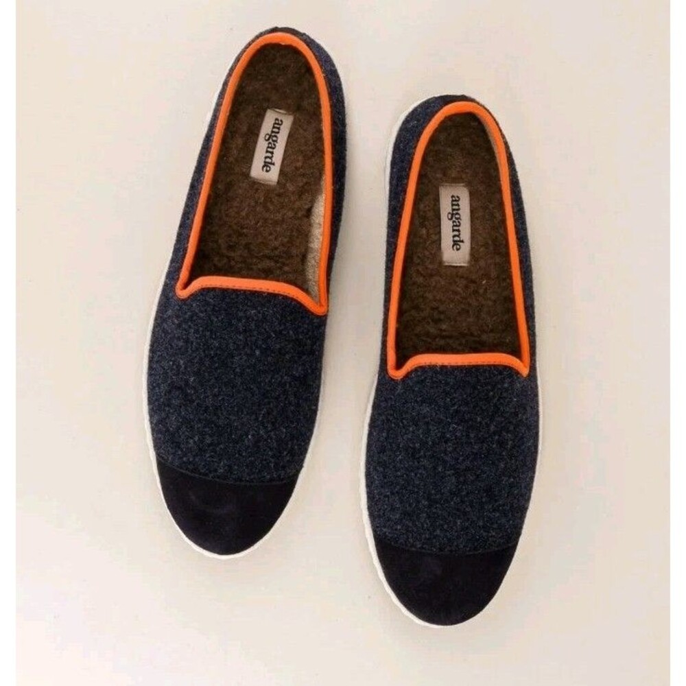 Angarde Men's Wool Slippers Navy Orange Rubber Soles Preppy Made In Spain Sz 44